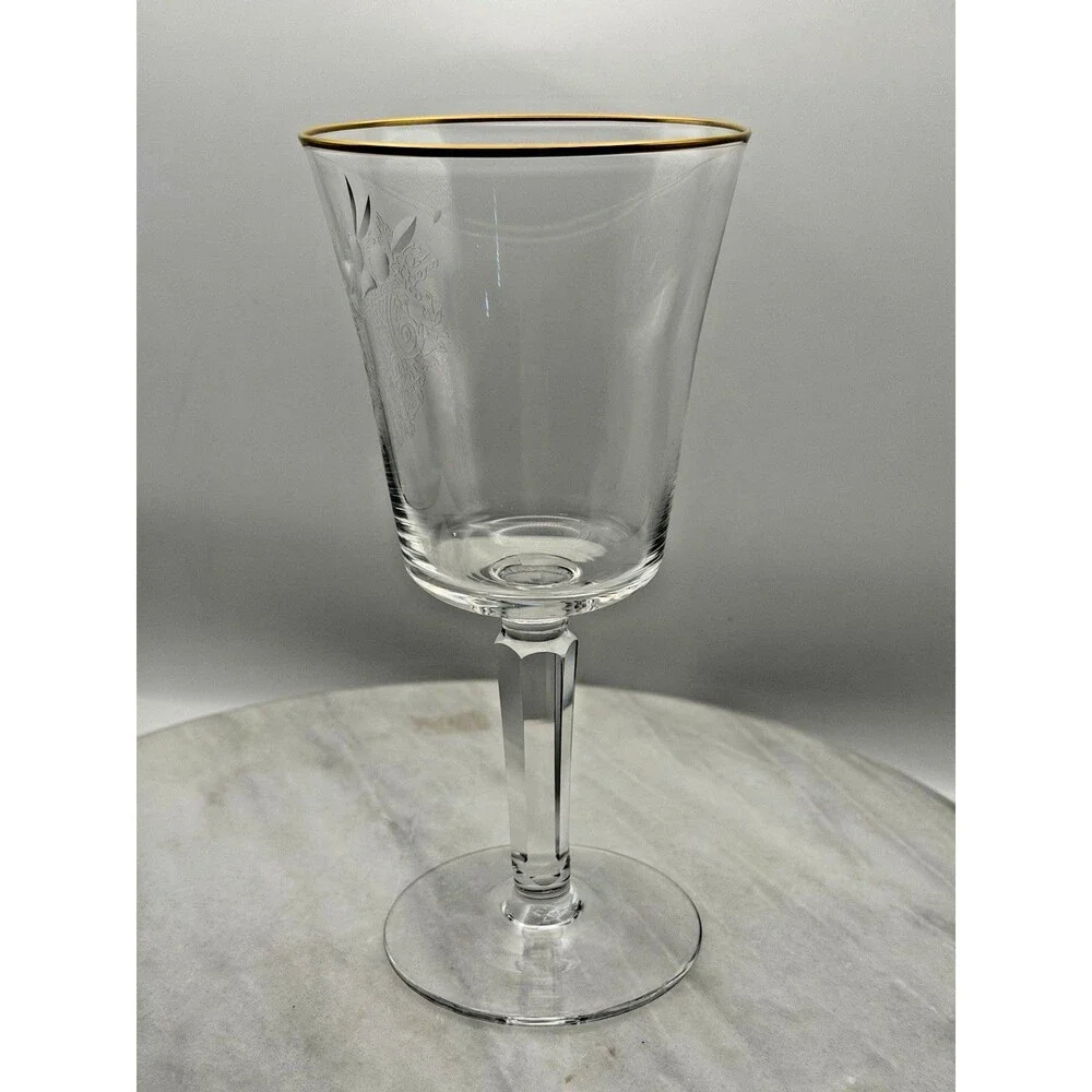 Vintage Lenox Fontaine Wine Glass Gold Rim Etched Crystal USA 1976-1986 6.75